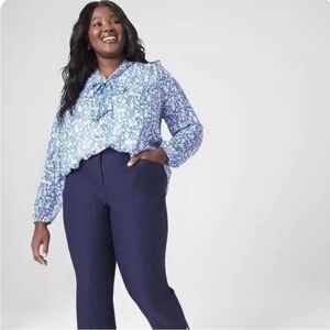 Lane Bryant Floral Tie Neck Blouse Womens 18 Long Sleeve Blue White Office Boho